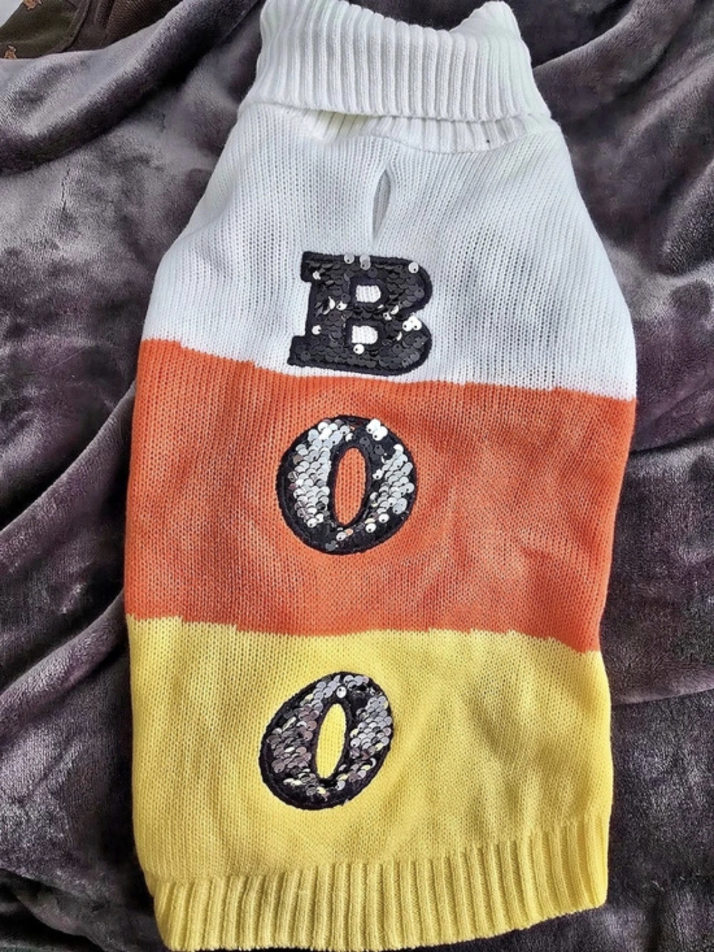 "BOO" Sequined Dog Sweater In Candy-corn Colors - Size Medium